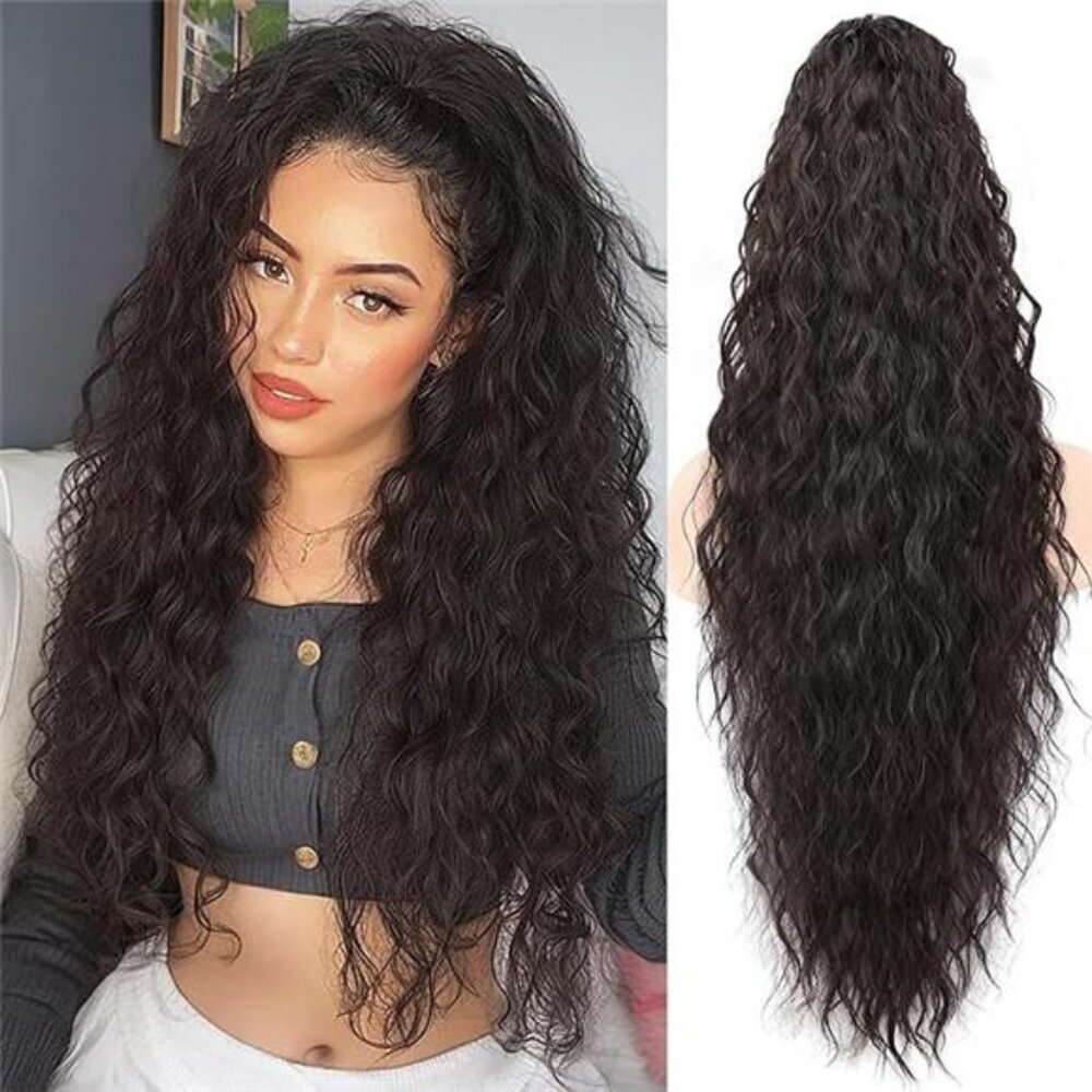 Claw Long Wavy Ponytail Extension Black Brown 30" Curly Pony Tail Clip - Picture 7 of 7